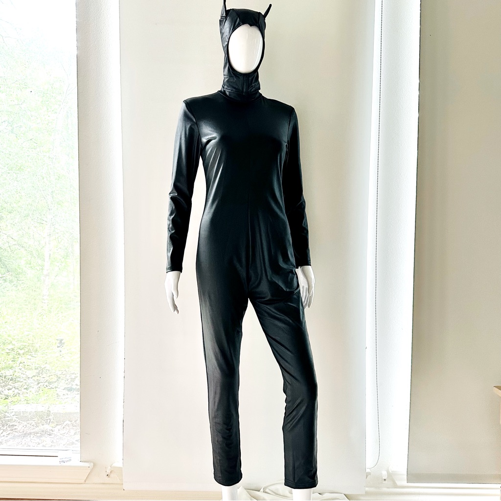 Charades Black Shiny Halloween Costume Party Cat Suit Jump Suit Adult Medium